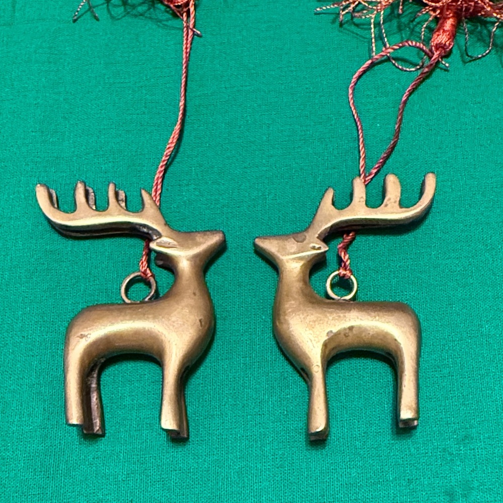 Set of 2 Solid Brass Reindeer Ornaments 1990s